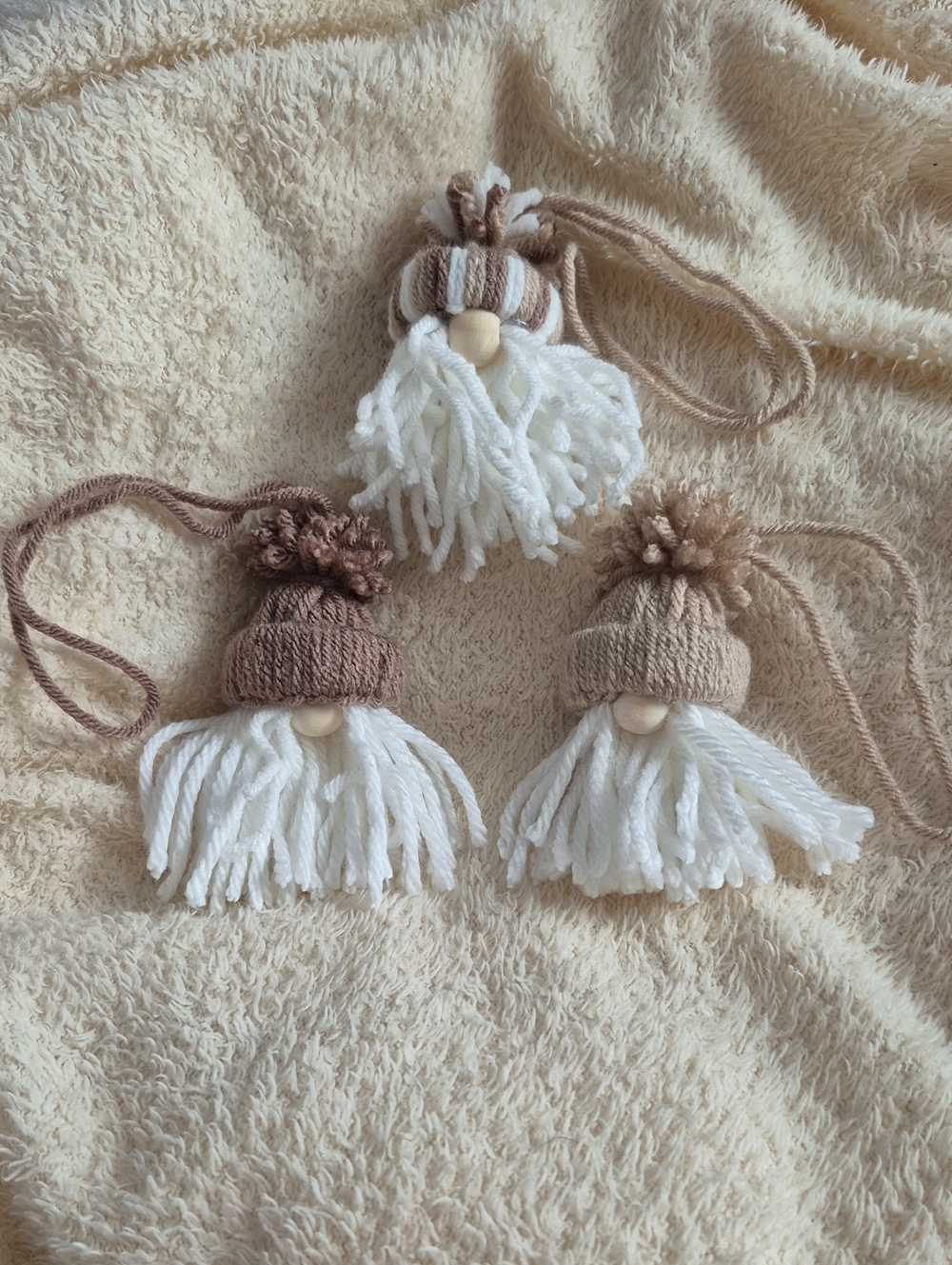 3 Gnome  - Neutral Beige & White Ornaments.